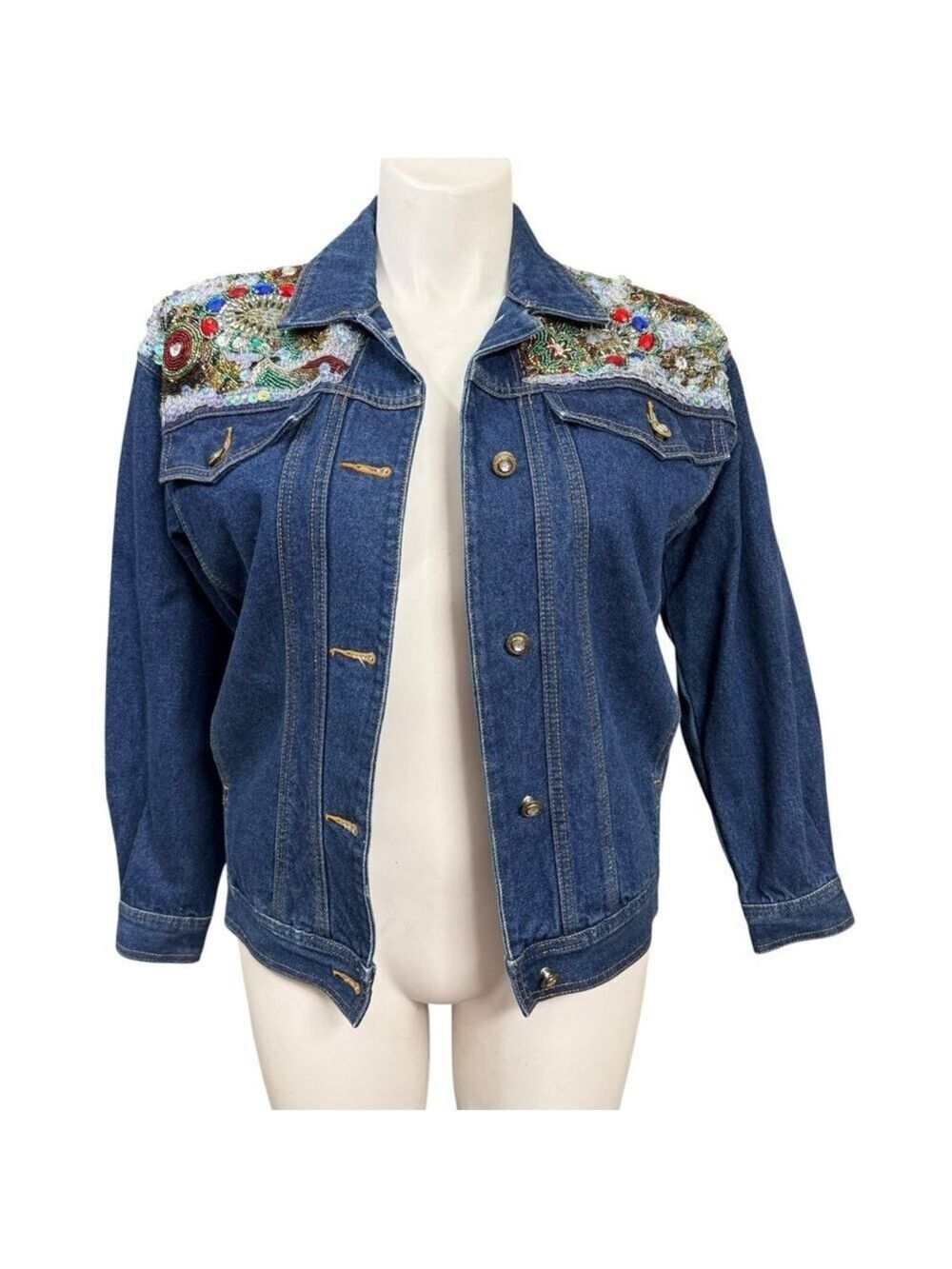 Vintage 1991 I.B. Diffusion Beaded Sequin Denim Jacket Made in‎ Hong Kong Size L